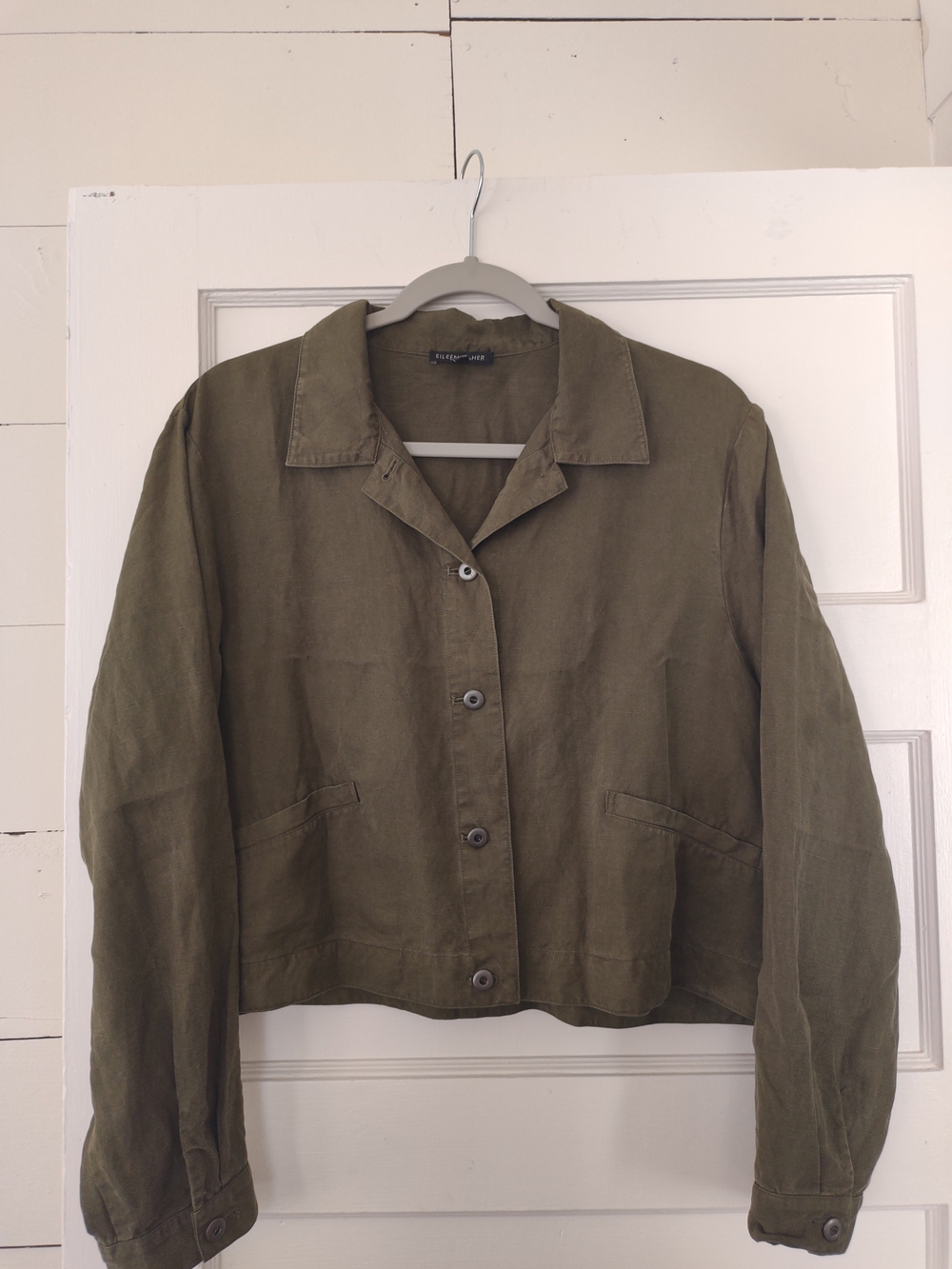 Eileen Fisher Tencel Linen Olive Green Button-Front Jacket Med